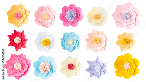 Paper craft flowers design elements cut out on transparent background