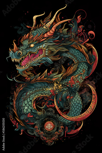 Dragon illustration, detailed t-shirt design. Generative ai