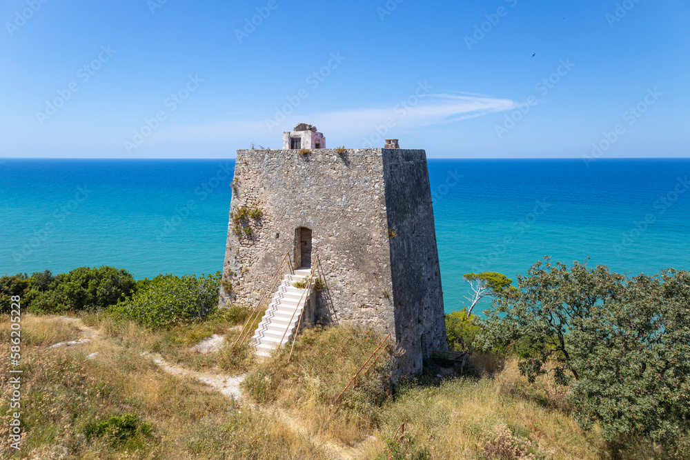 Monte Pucci tower near Peschici, fishing tourist village in the province of Foggia, Apulia, Italy