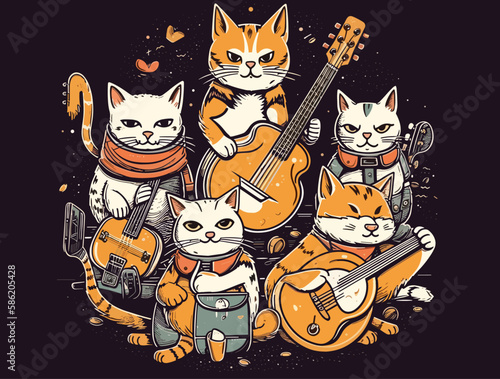 Vector flat illustration of Band of cats playing music instruments