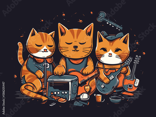 Vector flat illustration of Band of cats playing music instruments
