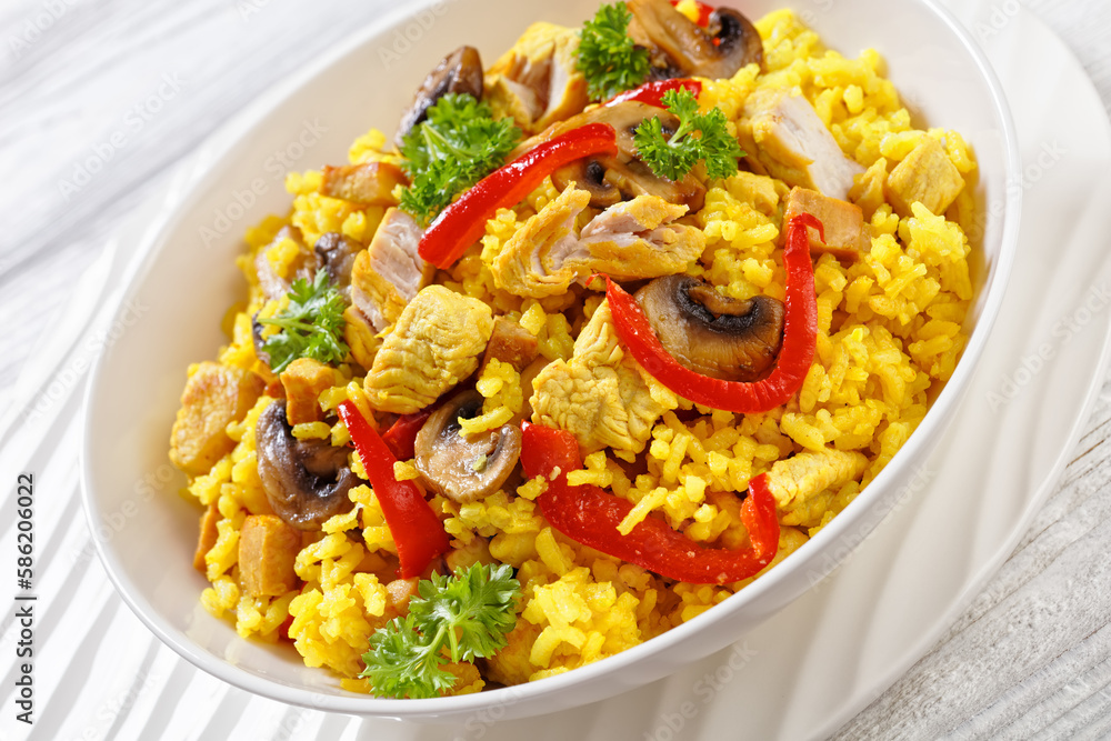 Chicken Paella with mushrooms, red pepper, spices Chicken Paella with mushrooms, red pepper, spices