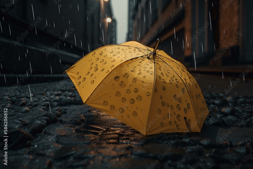 a yellow umbrella laying on the ground in the rain with a yellow