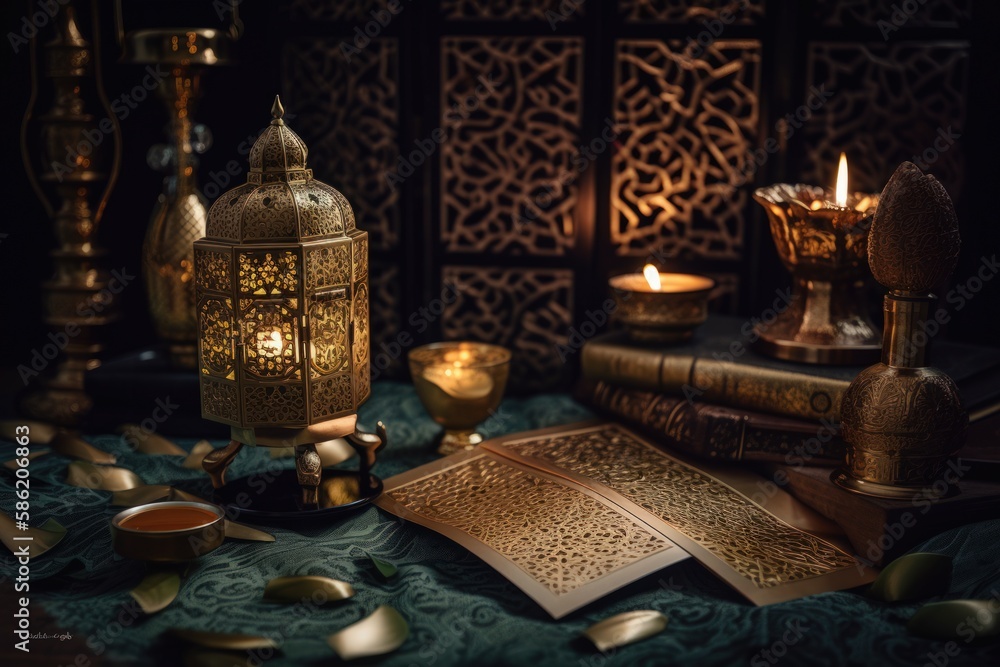 Fototapeta premium Exquisite Ramadan Kareem Card image with Intricate Gold Detailing and Warm Golden Hues