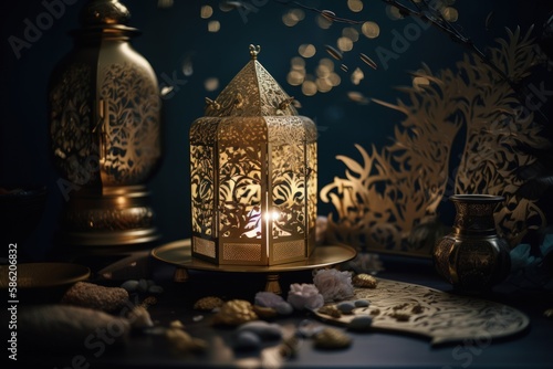 Exquisite Ramadan Kareem Card image with Intricate Gold Detailing and Warm Golden Hues