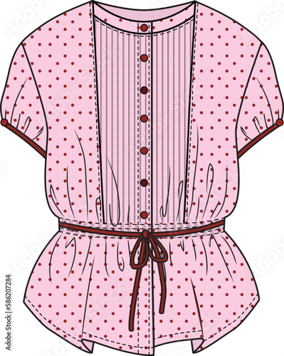 KID GIRLS AND TEENS WEAR WOVEN TOPS FRONT TIE UP WITH POLKA DOT PATTERN VECTOR