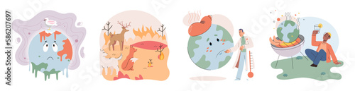 Climate change weather global greenhouse warming risks metaphor concept. Save planet. Compared planet with renewable eco resources consumption global warmings burning alternative. Environment Day