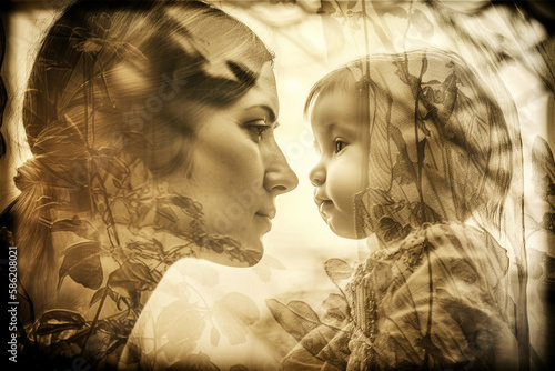 Mother and child, double exposure. Generative AI