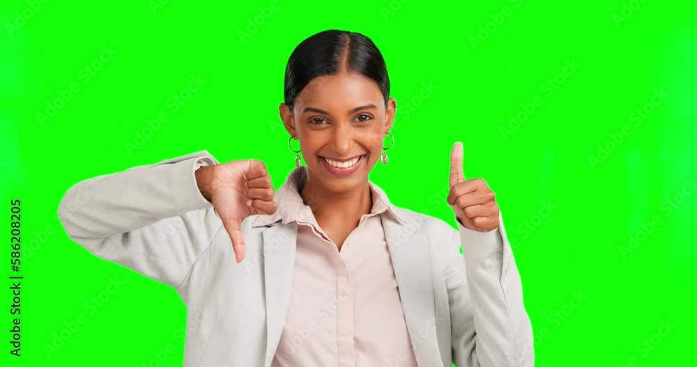 Thumbs up, down and confused businesswoman is unsure of review or vote isolated in a green screen studio background. Uncertain, decision and choice by woman with doubt doing a feedback hand gesture Thumbs up, down and confused businesswoman is unsure of review or vote isolated in a green screen studio background. Uncertain, decision and choice by woman with doubt doing a feedback hand gesture