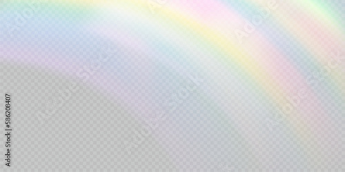 Rainbow light prism effect, transparent background. Hologram reflection, crystal flare leak shadow overlay. Vector illustration of abstract blurred iridescent light backdrop.