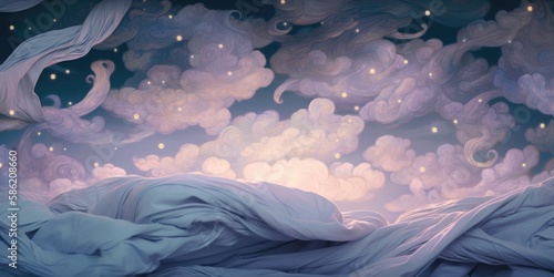 Cosmic windblown floating fabric folds as dreamlike ocean waves, deep blue sea mystique, imaginary twilight lavender purple starry cloudscape, soft soothing fantasy background - generative AI photo