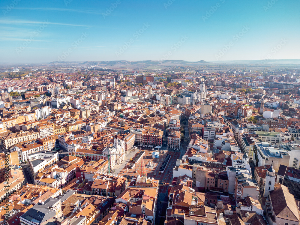 Rooftops of Valladolid. Perspective from above of Valladolid city center. View of Plaza Mayor and Cathedral of Valladolid. Panoramic view of whole city center. Travel destination in Spain.
