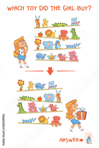 Find the differences puzzle game. Which toy did the girl buy. Find hidden objects in the picture. Puzzle Hidden Items. Educational game for children. Colorful cartoon characters. Funny illustration