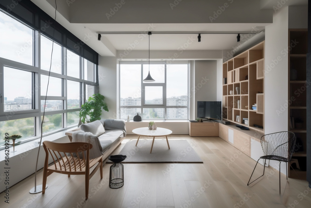 A stunning photograph of a Scandinavian design flat featuring floor-to-ceiling windows in a corner unit, showcasing the perfect balance of minimalist elegance and natural light, creating a serene and A stunning photograph of a Scandinavian design flat featuring floor-to-ceiling windows in a corner unit, showcasing the perfect balance of minimalist elegance and natural light, creating a serene and