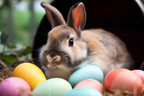 A charming image featuring a cute rabbit surrounded by colorful Easter eggs, showcasing the spirit of the Easter holiday and evoking feelings of joy and celebration.