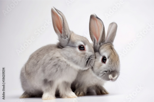 A professionally captured studio photograph of two adorable rabbits sitting together against a crisp white background  showcasing their charm and innocence in perfect lighting.