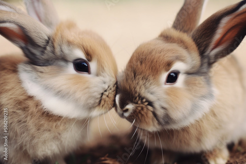 A professionally captured studio photograph of two adorable rabbits sitting together against a crisp white background, showcasing their charm and innocence in perfect lighting.