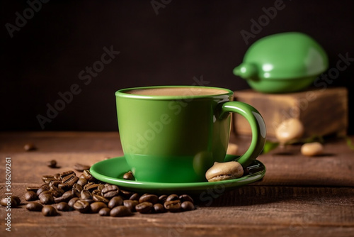  A warm and inviting photograph of a filled coffee mug sitting on a rustic wooden table, capturing the essence of comfort and relaxation while evoking the sensory pleasure of a freshly bre photo