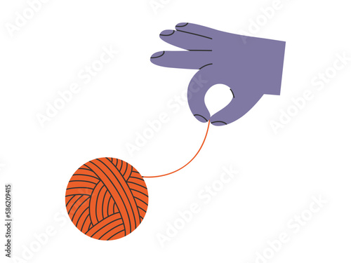 Hand drawn illustration of hand pull on ball of threads. Flat vector solve a difficult problem, help with negative emotions concept in doodle style. Solution, answer sticker, icon or print. Isolated.