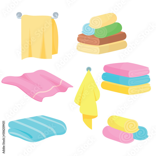 Vector image of cotton towels for shower or kitchen. Hygiene items and baths. The concept of cleanliness and self-care. Beautiful elements for your design.
