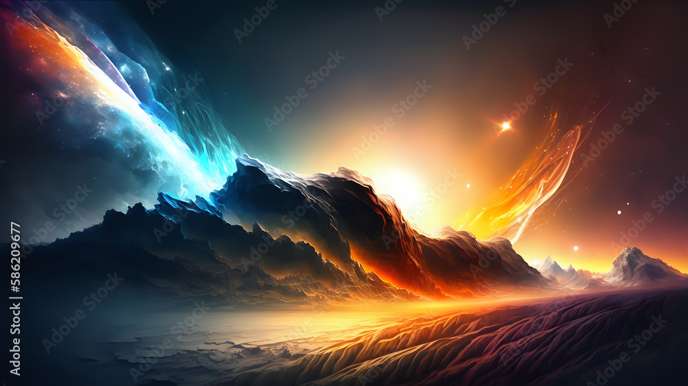 bright colored sky, beautiful mountains, mysterious place background / backdrop / wallpaper / home screen / lock screen / desktop background, generative ai