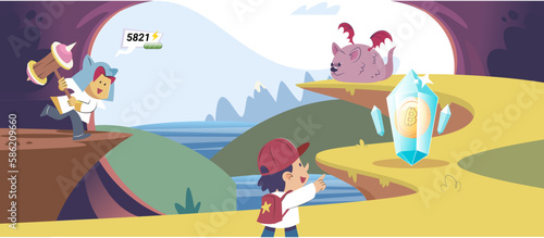 Play to earn video game with cute kid character and his virtual friend trying to find money, player can receive rewards of real value for completing some tasks, or reselling something in computer game