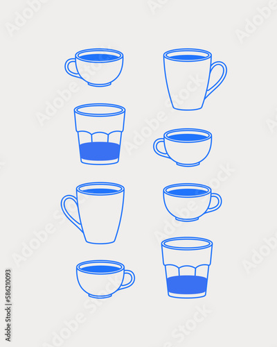 Cups and glasses with coffee. Coffee time composition. Line art, retro. Vector illustration for coffee shops, cafes, and restaurants.