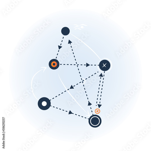 Vector illustration of arrows pointing in different directions. The illustration conveys a sense of confusion or ambiguity. A confusing set of instructions, a complicated decision-making process.