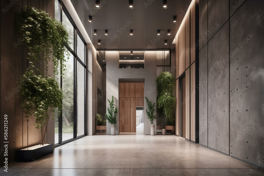 Contemporary office lobby interior with elevator