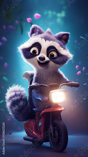 cheerful white raccoon on a pink electric scooter on a spring background, cartoon character
