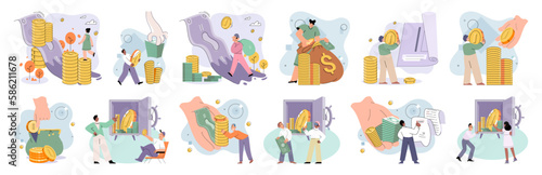 Businessman investor with coins. Employee or entrepreneur puts money in secret safe, calculates profit. Financial literacy and passive income, successful investor. Person stands holding bank card
