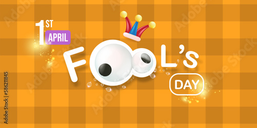 April fools day vector banner with funny clown hat and greeting text isolated on orange background. April fools day label  sticker and funky poster design template. Fools day logo and icon