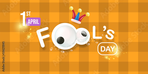 April fools day vector banner with funny clown hat and greeting text isolated on orange background. April fools day label, sticker and funky poster design template. Fools day logo and icon