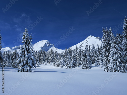 montagne en hiver en Savoie la Légètte du Mirantin dans la neige © Ourson+