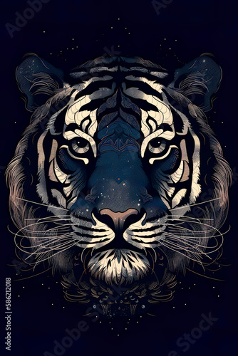 Blue colored illustration of tiger, painting design. Generative ai © Robbot17