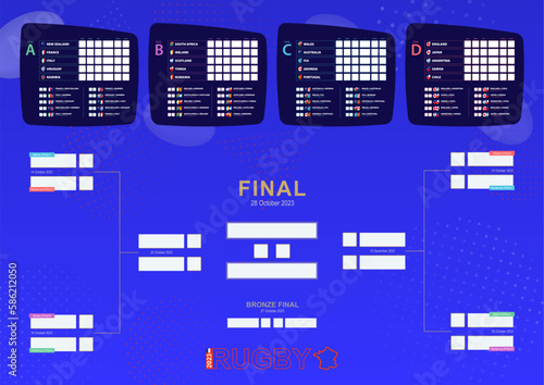 World 2023 match schedule, Rugby tournament results table with flags of participants.