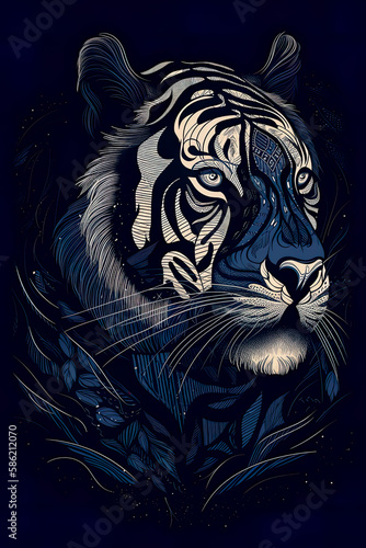 Blue colored illustration of tiger  painting design. Generative ai