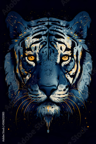 Blue colored illustration of tiger, painting design. Generative ai © Robbot17