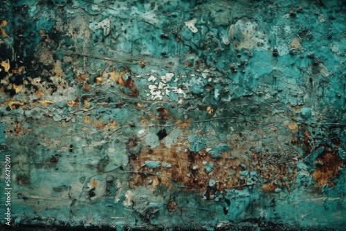 weathered wall with a distressed paint finish in green and brown tones created with Generative AI technology