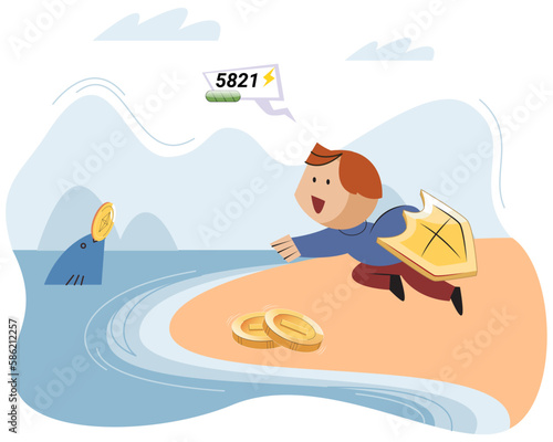 Play to earn video game with cute kid character trying to find money, player can receive rewards of real value for completing some tasks, or reselling something received in computer or mobile game