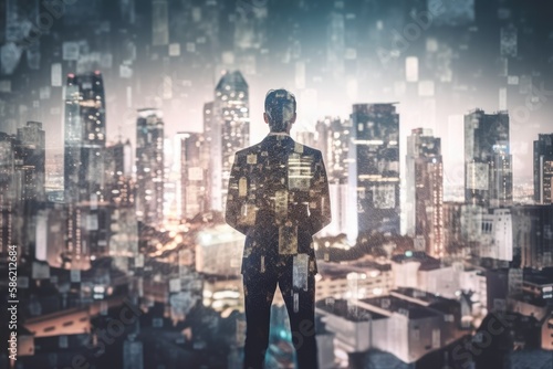 business man standing during sunrise overlay with cityscape image - double exposure