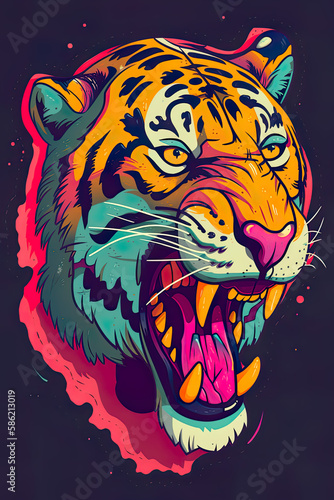 Sticker tiger illustration  beutiful colorful feline design. Generative ai