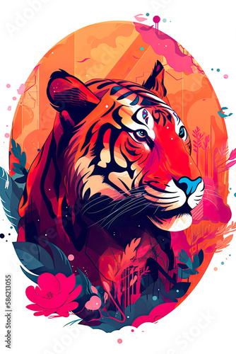 Sticker tiger illustration, beutiful colorful feline design. Generative ai photo