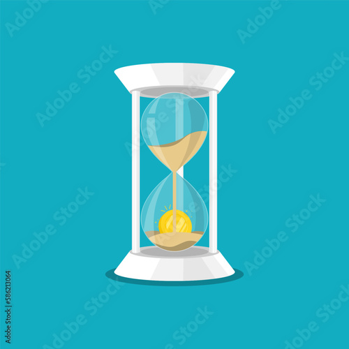 Time money management concept, Hourglass with gold coin on isolated background, Digital marketing illustration.