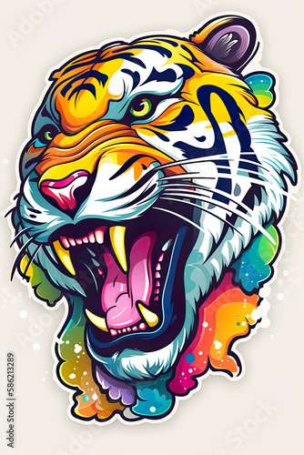 Sticker tiger illustration, beutiful colorful feline design. Generative ai