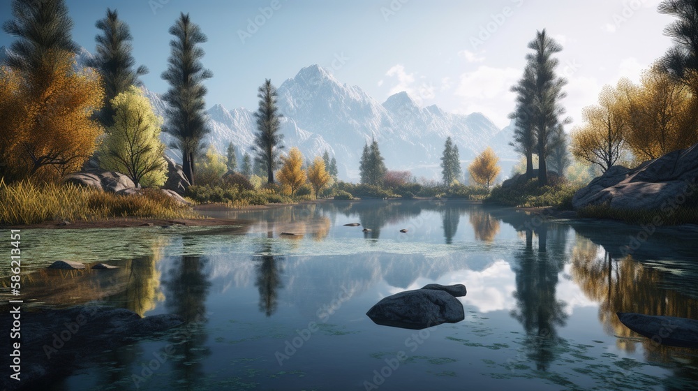 Obraz premium Beautiful landscape with mountain lake and reflection in water.Generative Ai