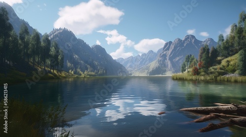 Beautiful landscape with mountain lake and reflection in water.Generative Ai © Rudsaphon
