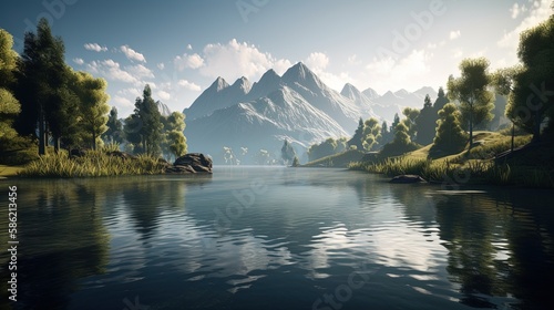 Beautiful landscape with mountain lake and reflection in water.Generative Ai