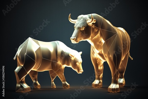 Gold chart business background with golden bull and bear  generative ai illustration