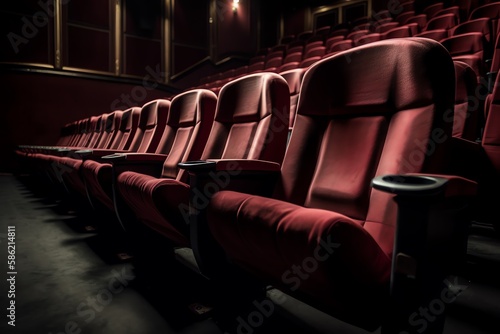 Empty comfortable red cinema seats. Theater Chairs.  Generative AI © Snapshooter